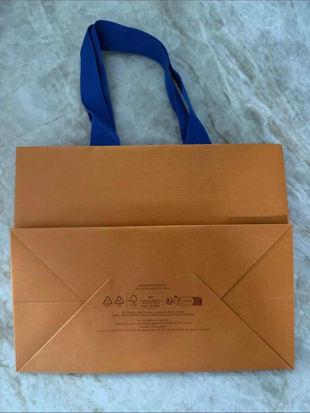 Small Louis Vuitton Orange Shopping Bag with Blue Ribbon Handles. 9X7 inches.